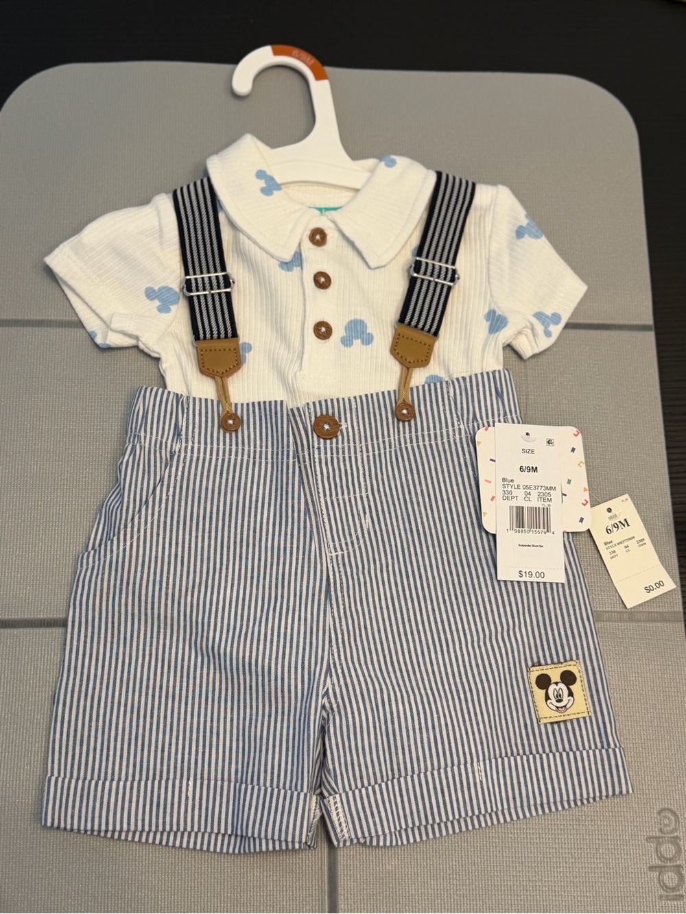 Disney Blue & White Striped Suspender Short Set with Mickey Patch